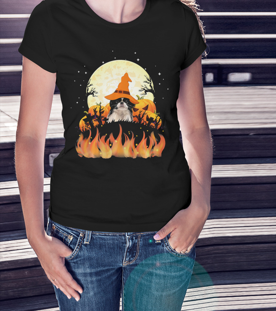 Japanese Chin Dog Lovers Halloween Pumpkin Witch Hat Full Moon Fire Magic T-Shirt