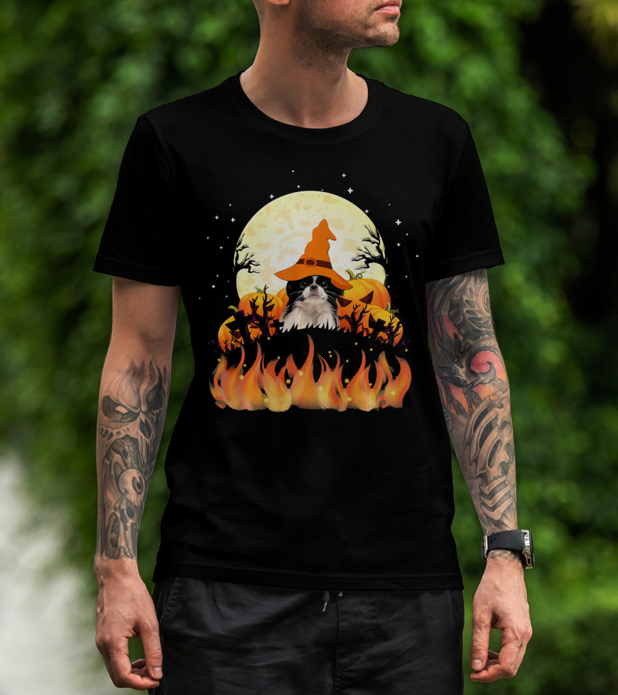 Japanese Chin Dog Lovers Halloween Pumpkin Witch Hat Full Moon Fire Magic T-Shirt