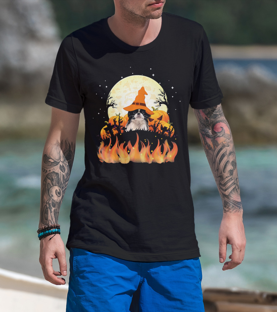 Japanese Chin Dog Lovers Halloween Pumpkin Witch Hat Full Moon Fire Magic T-Shirt