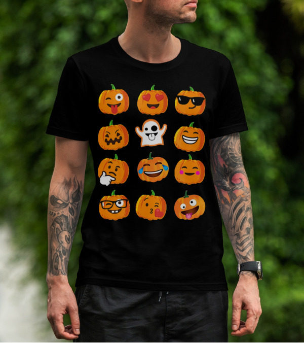 Emoji Faces Pumpkins And Ghost Halloween T-Shirt