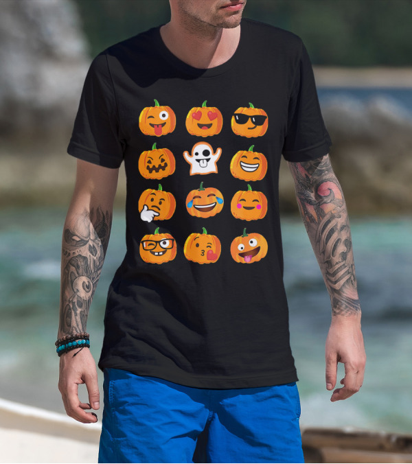 Emoji Faces Pumpkins And Ghost Halloween T-Shirt