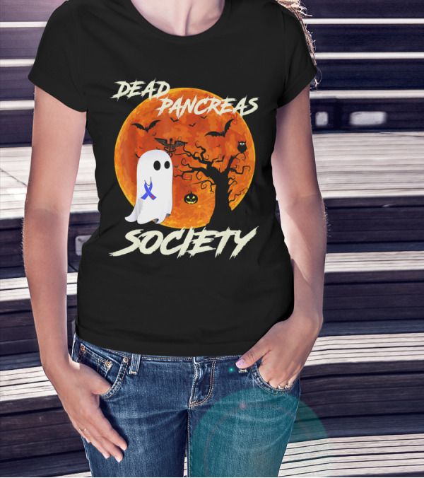 Dead Pancreas Society Ghost Halloween Moon Bats Pumpkin T-Shirt