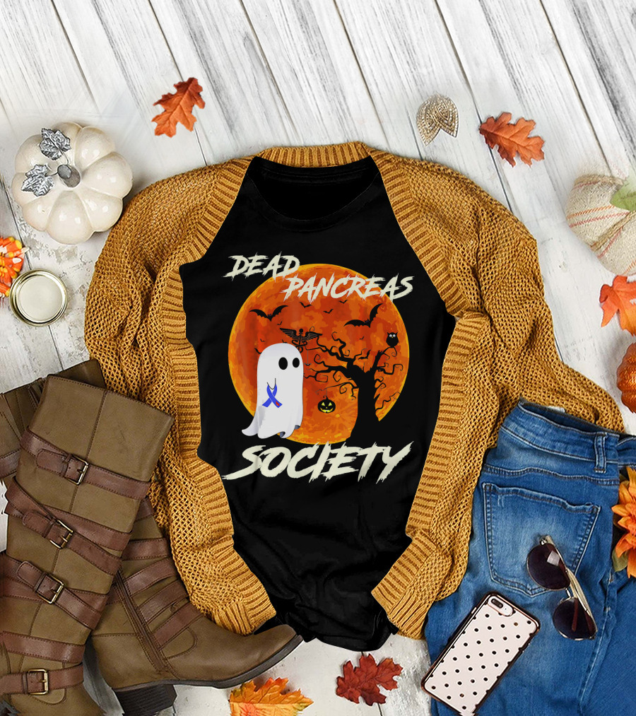 Dead Pancreas Society Ghost Halloween Moon Bats Pumpkin T-Shirt