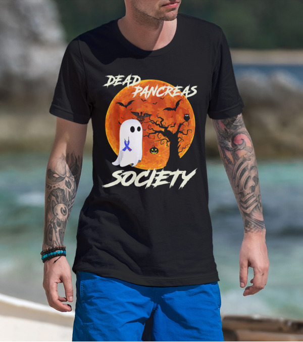 Dead Pancreas Society Ghost Halloween Moon Bats Pumpkin T-Shirt