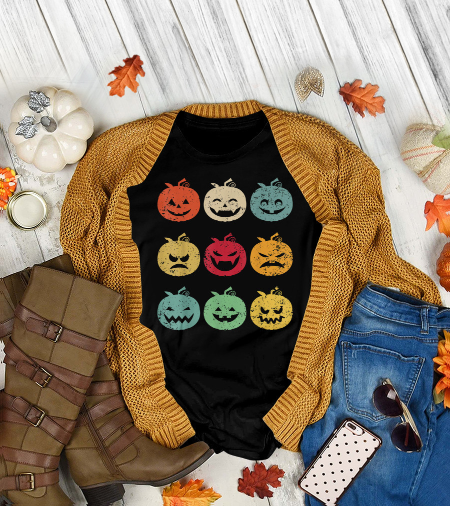 Vintage Pumpkin Emoji Halloween Faces in Nine Colorful Expressions T-Shirt