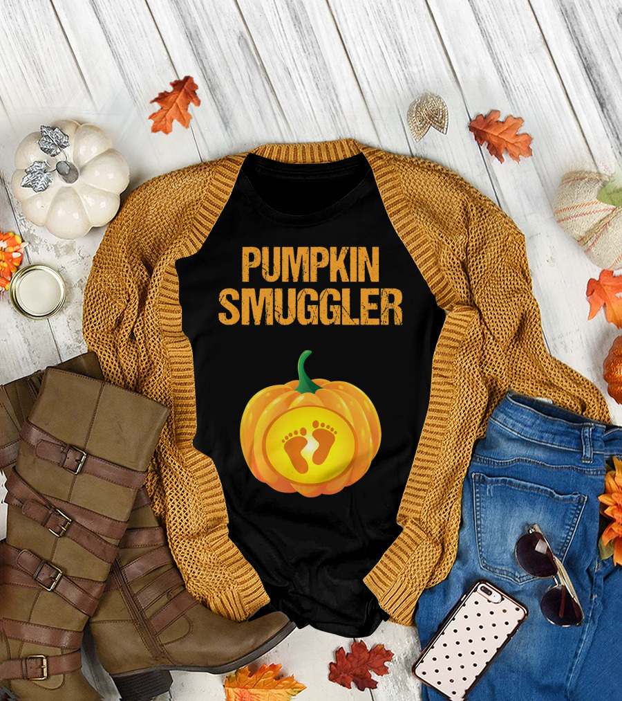 Pumpkin Smuggler Pregnancy Announcement with Baby Footprints T-Shirt