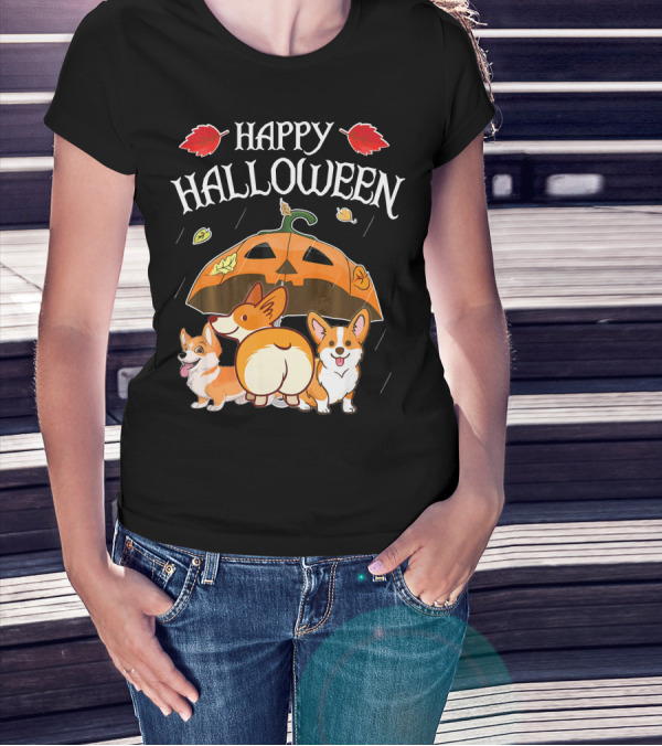 Happy Halloween Welsh Corgis Pumpkin Umbrella Rain T-Shirt