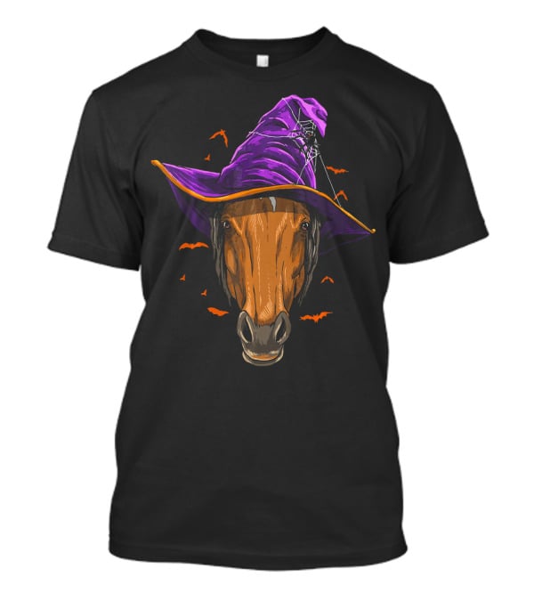 Horse With Purple Witch Hat Surrounded By Bats And Spider Web T-Shirt
