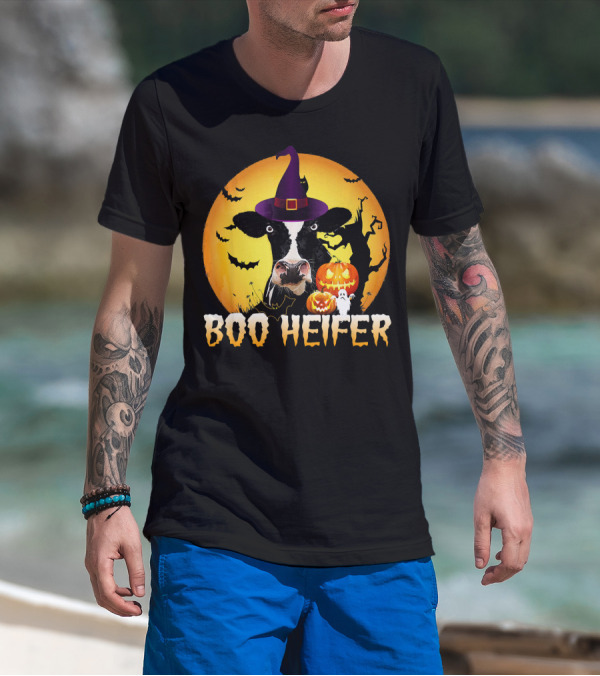 Boo Heifer Witch Hat Cow Halloween Moon Pumpkins Ghost T-Shirt
