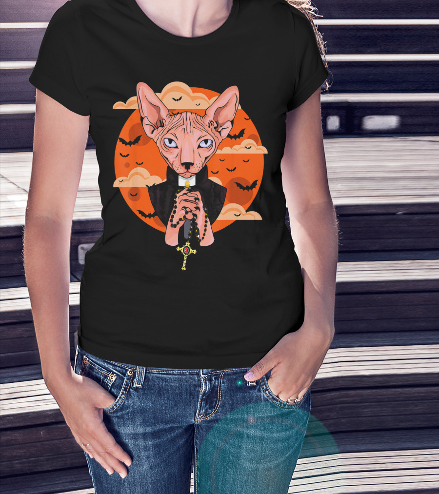 Funny Sphynx Priest With Rosary And Bats Hall T-Shirt