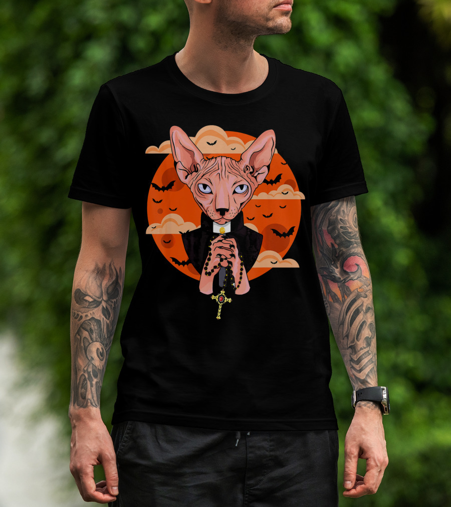 Funny Sphynx Priest With Rosary And Bats Hall T-Shirt