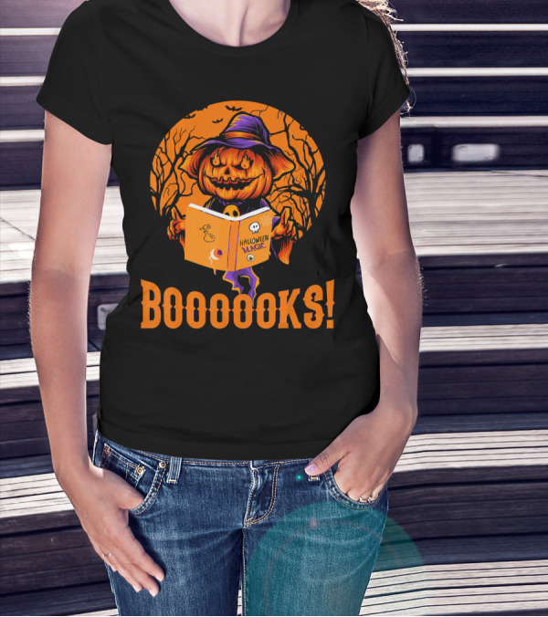 BOOOOKS Halloween Magic Pumpkin Reading Spooky Trees T-Shirt