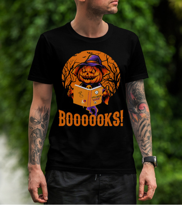 BOOOOKS Halloween Magic Pumpkin Reading Spooky Trees T-Shirt