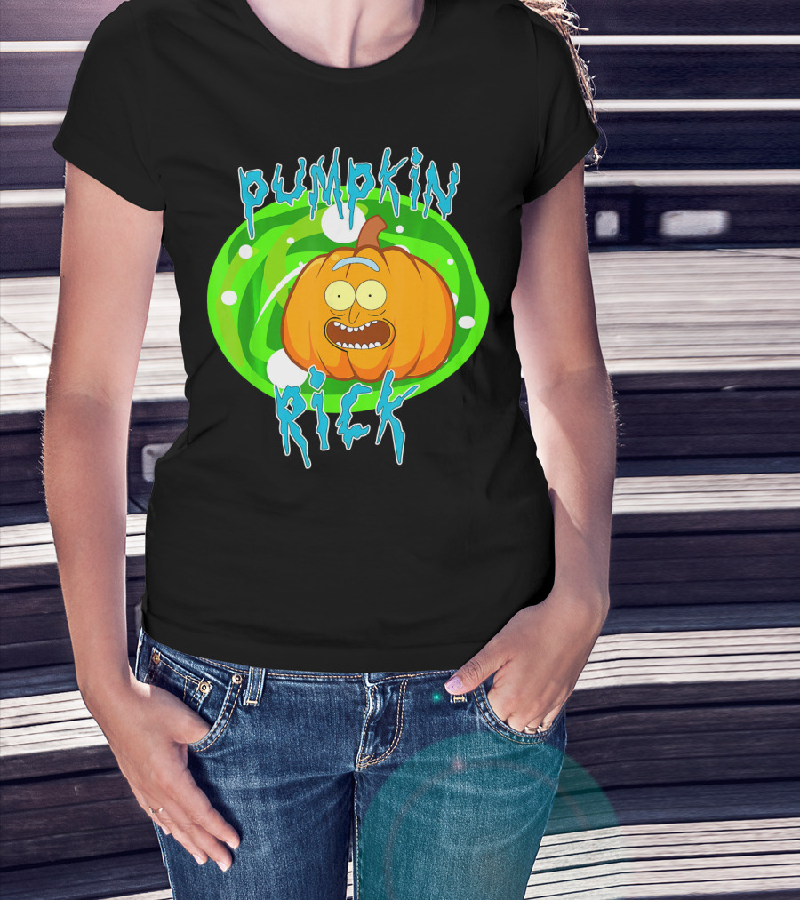 Pumpkin Rick Halloween Parody With Green Portal And Cartoon Face T-Shirt