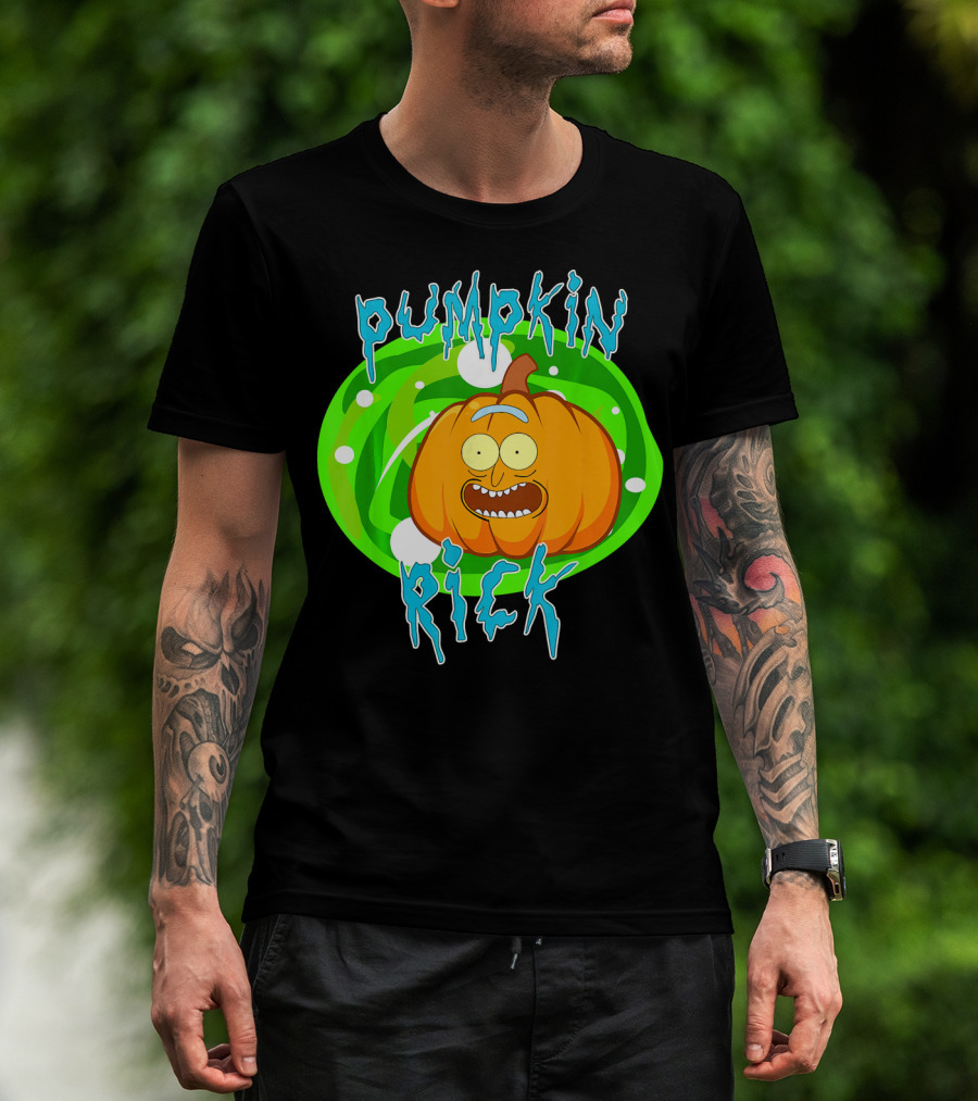Pumpkin Rick Halloween Parody With Green Portal And Cartoon Face T-Shirt