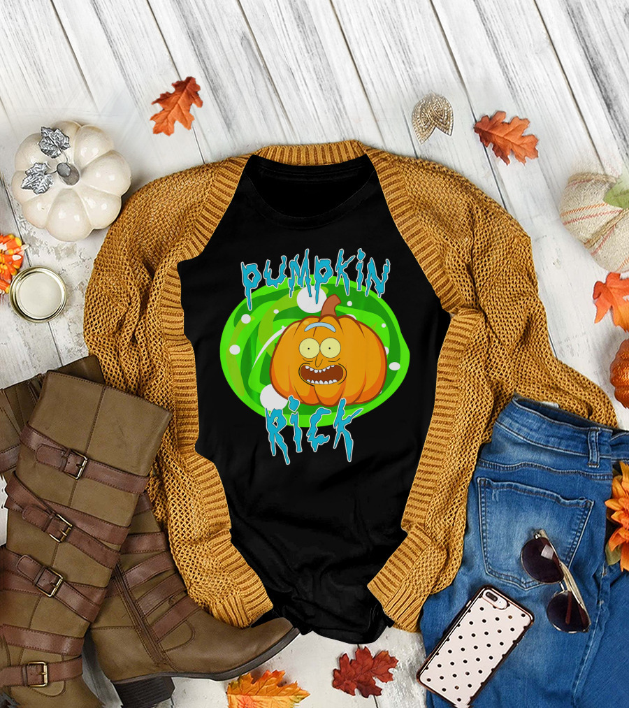 Pumpkin Rick Halloween Parody with Green Portal and Cartoon Face T-Shirt