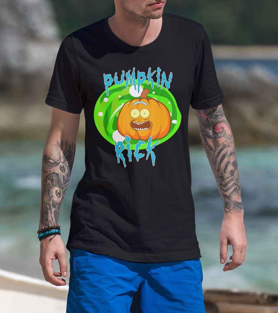 Pumpkin Rick Halloween Parody With Green Portal And Cartoon Face T-Shirt