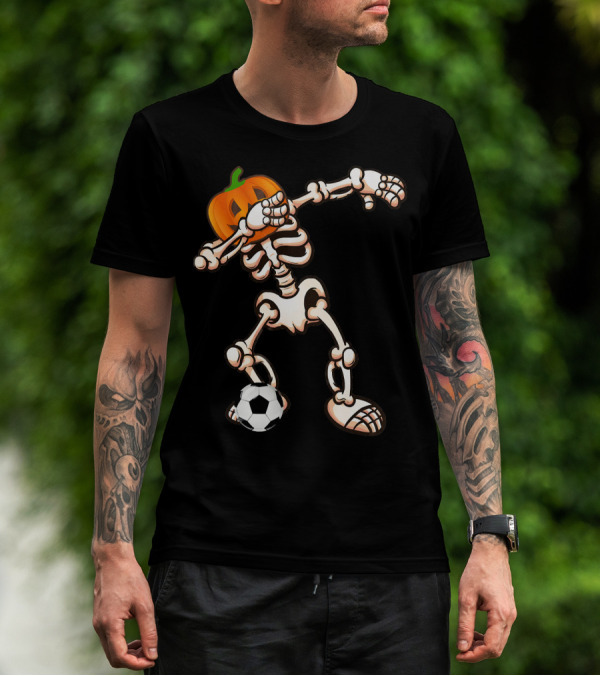 Funny Halloween Dabbing Skeleton Pumpkin Head With Soccer Ball T-Shirt
