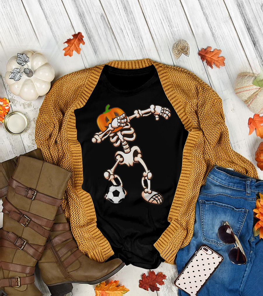 Funny Halloween Dabbing Skeleton Pumpkin Head with Soccer Ball T-Shirt