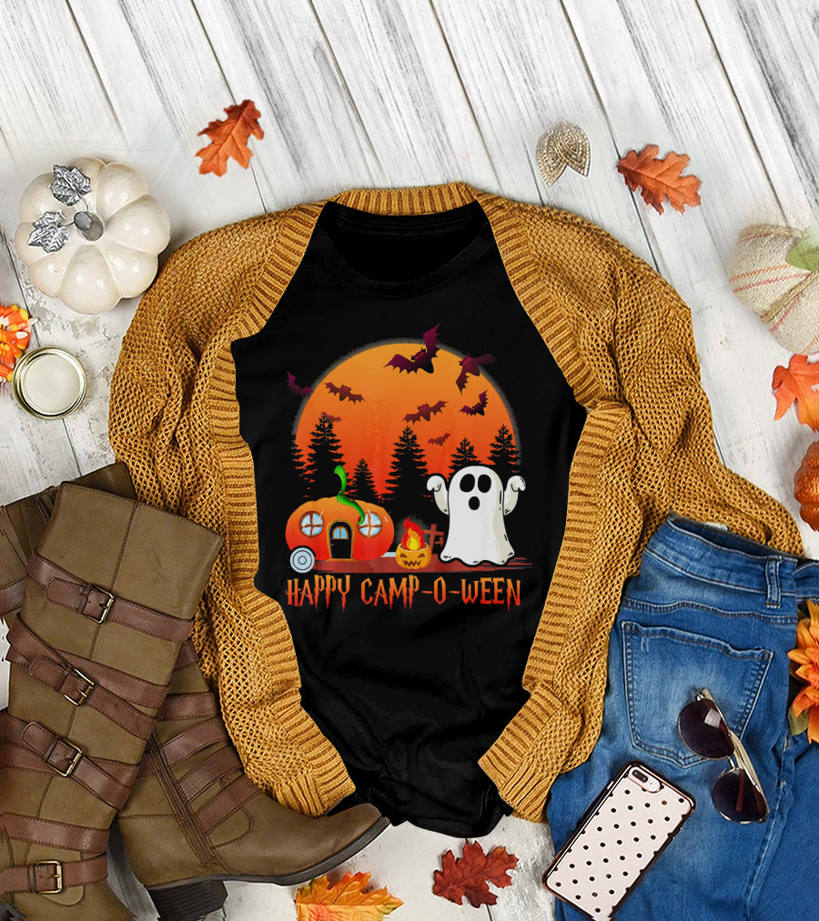 Happy Camp O Ween Funny Pumpkin Boo Ghost Moon with Bat Silhouette in Spooky Forest T-Shirt