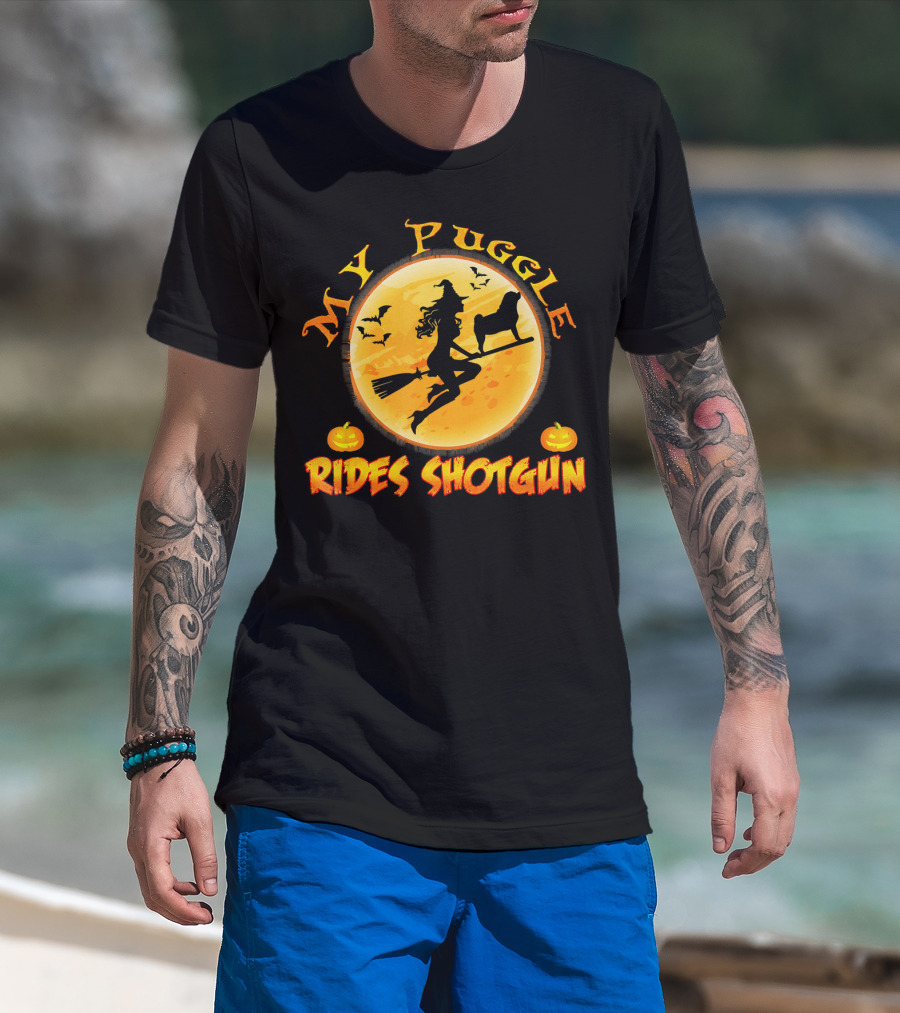 Halloween Witch And Puggle Rides Shotgun Full Moon Pumpkin T-Shirt