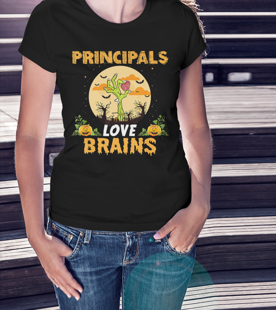 Principals Love Brains Zombies Halloween Moon Bats Pumpkins T-Shirt