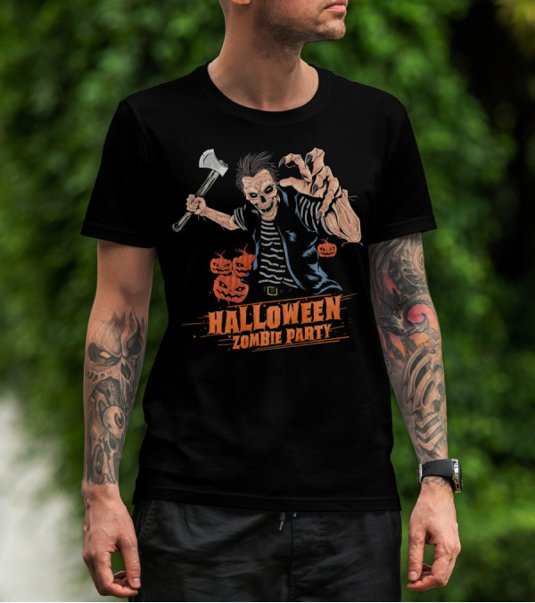 Halloween Zombie Party Scary Zom Axe-Wielding Zombie And Pumpkins T-Shirt