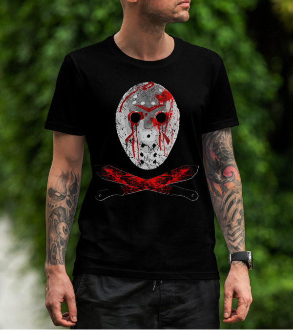 Friday The 13th Jason Mask Bloody Machete Crossed Horror T-Shirt