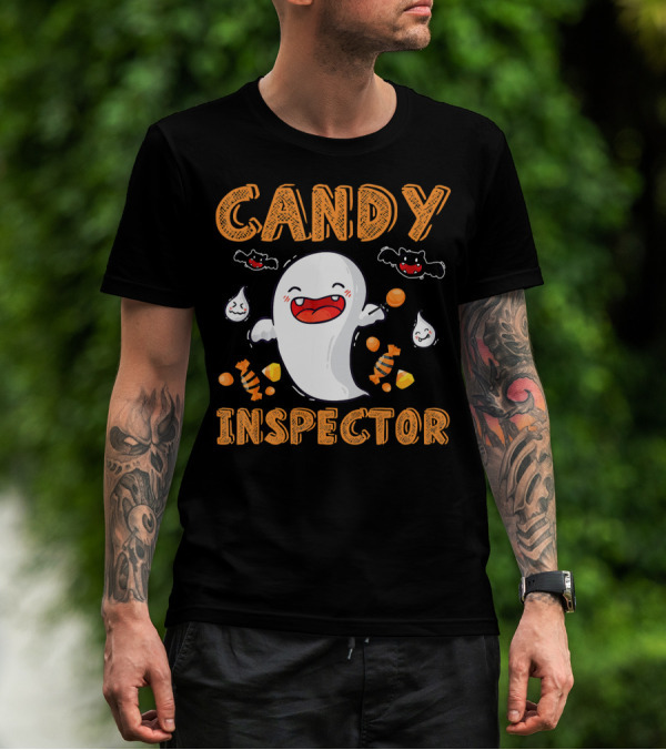 Candy Inspector Ghost Halloween Co Spooky Fun With Bats And Sweets T-Shirt