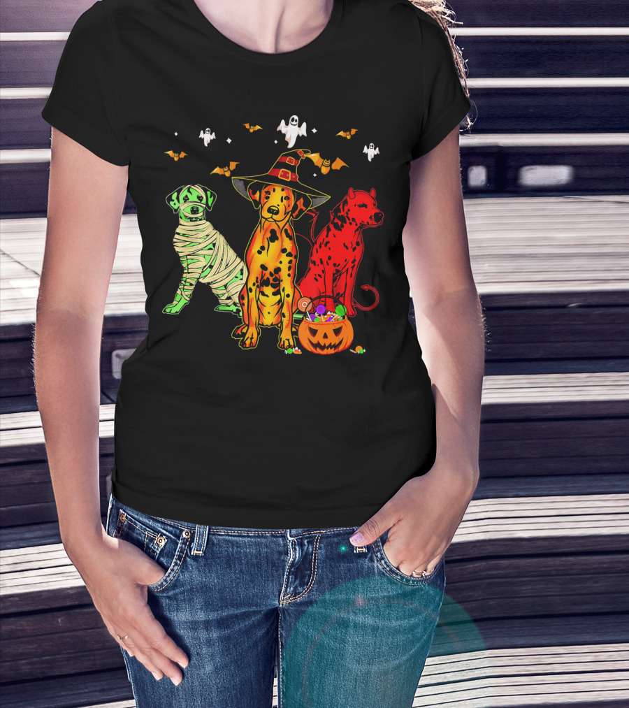 Funny Dalmatian Halloween Witch Mummy Devil Costume Party With Ghosts And Bats T-Shirt