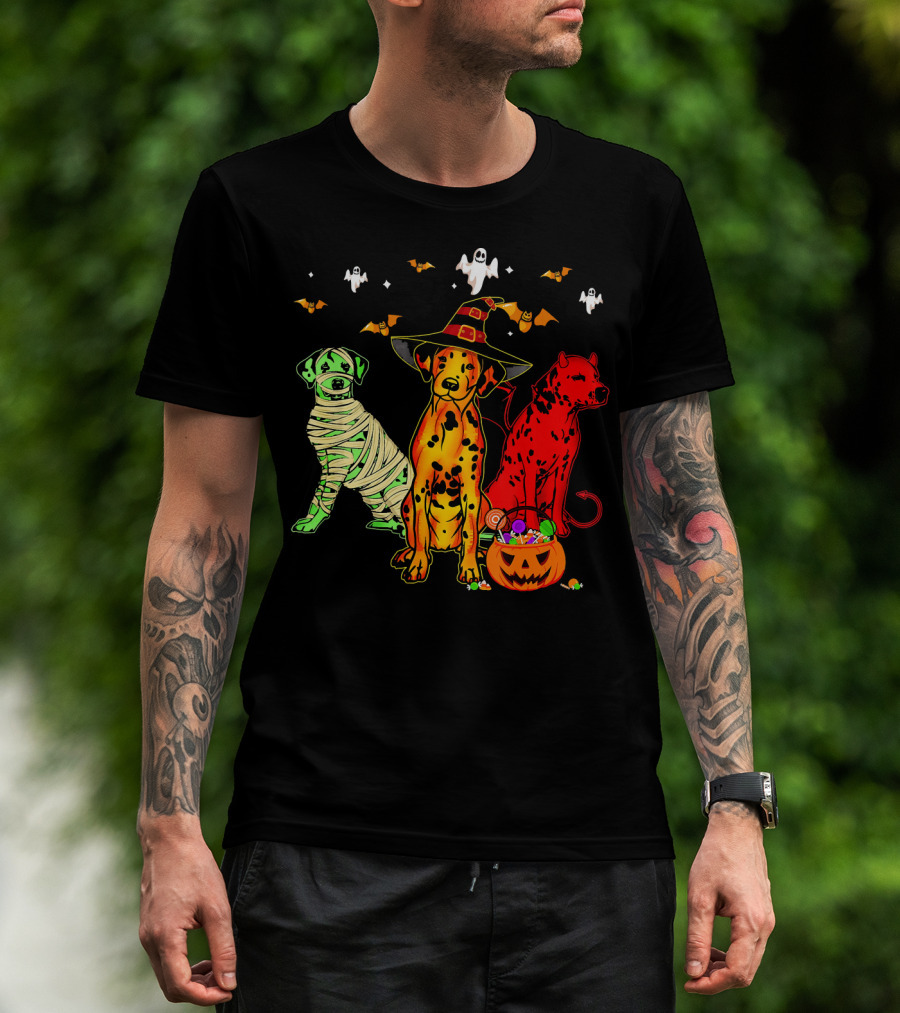Funny Dalmatian Halloween Witch Mummy Devil Costume Party With Ghosts And Bats T-Shirt
