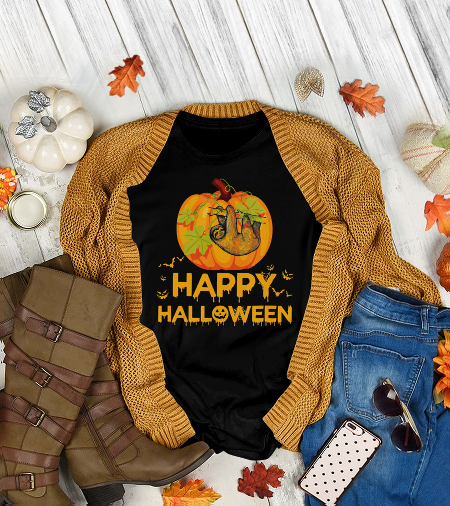 Happy Halloween Pumpkin Sloth Hanging with Bats T-Shirt