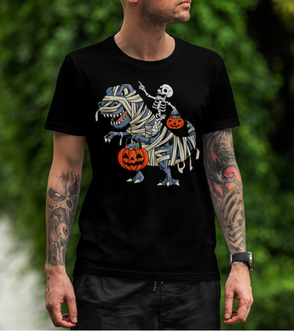 Skeleton Riding Mummy T-Rex With Pumpkin Candy Buckets Halloween Bo T-Shirt