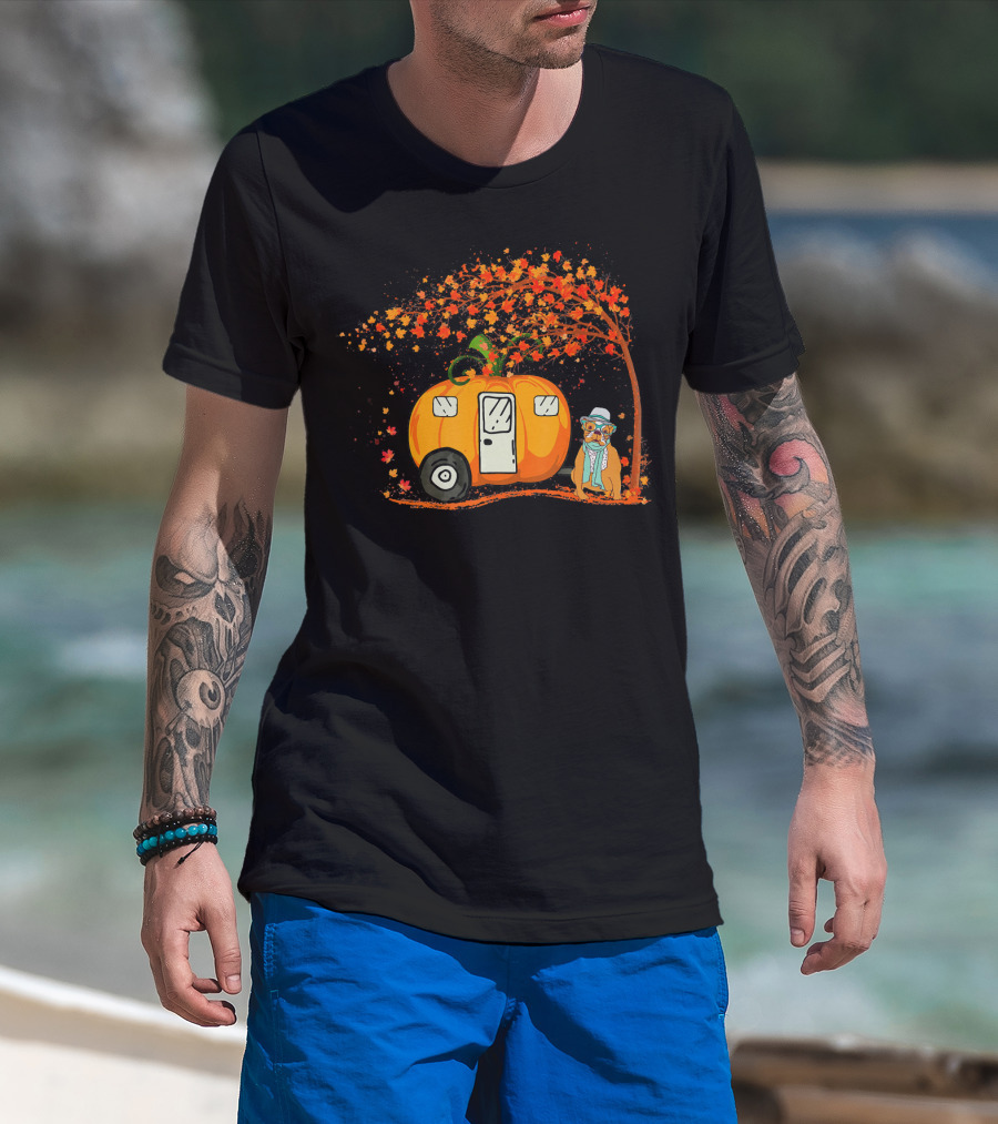Bulldog With Pumpkin Camping Van Under Autumn Tree T-Shirt