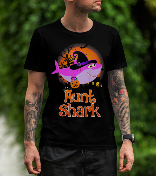 Aunt Shark Halloween Witch With Pumpkin On Orange Full Moon T-Shirt