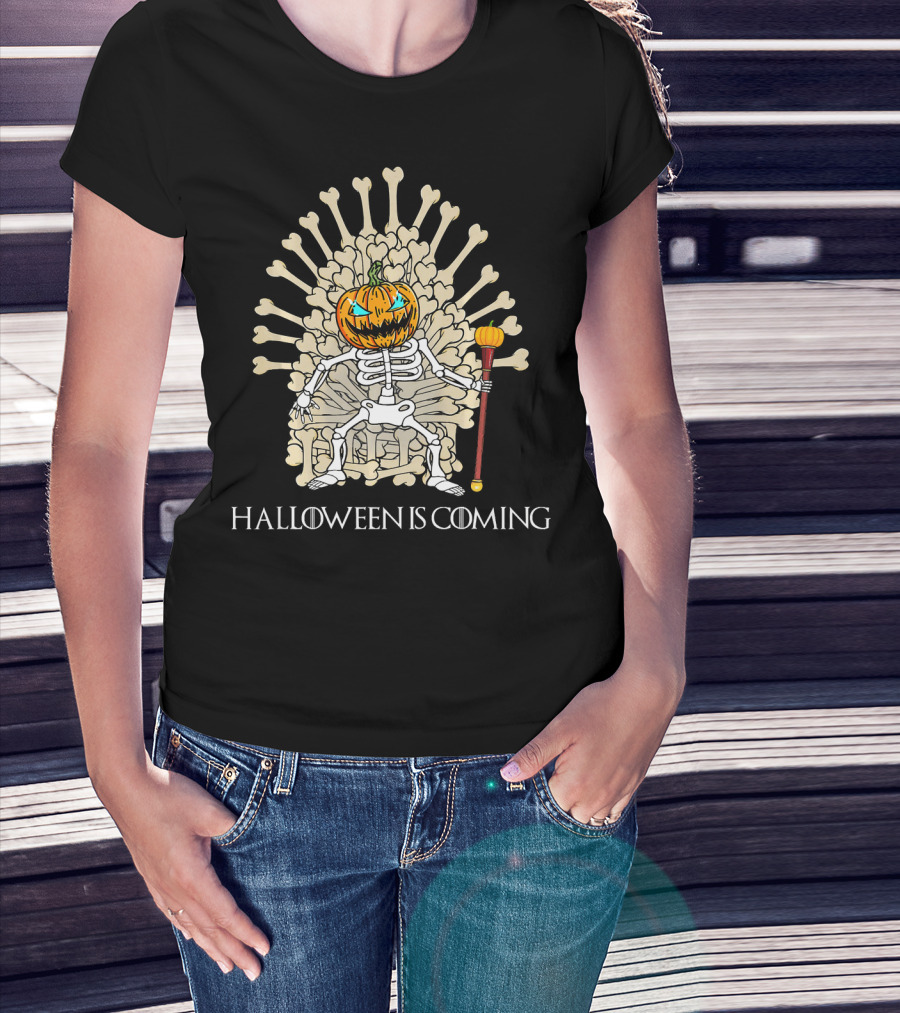 Halloween Is Coming Skeleton Pumpkin Throne T-Shirt