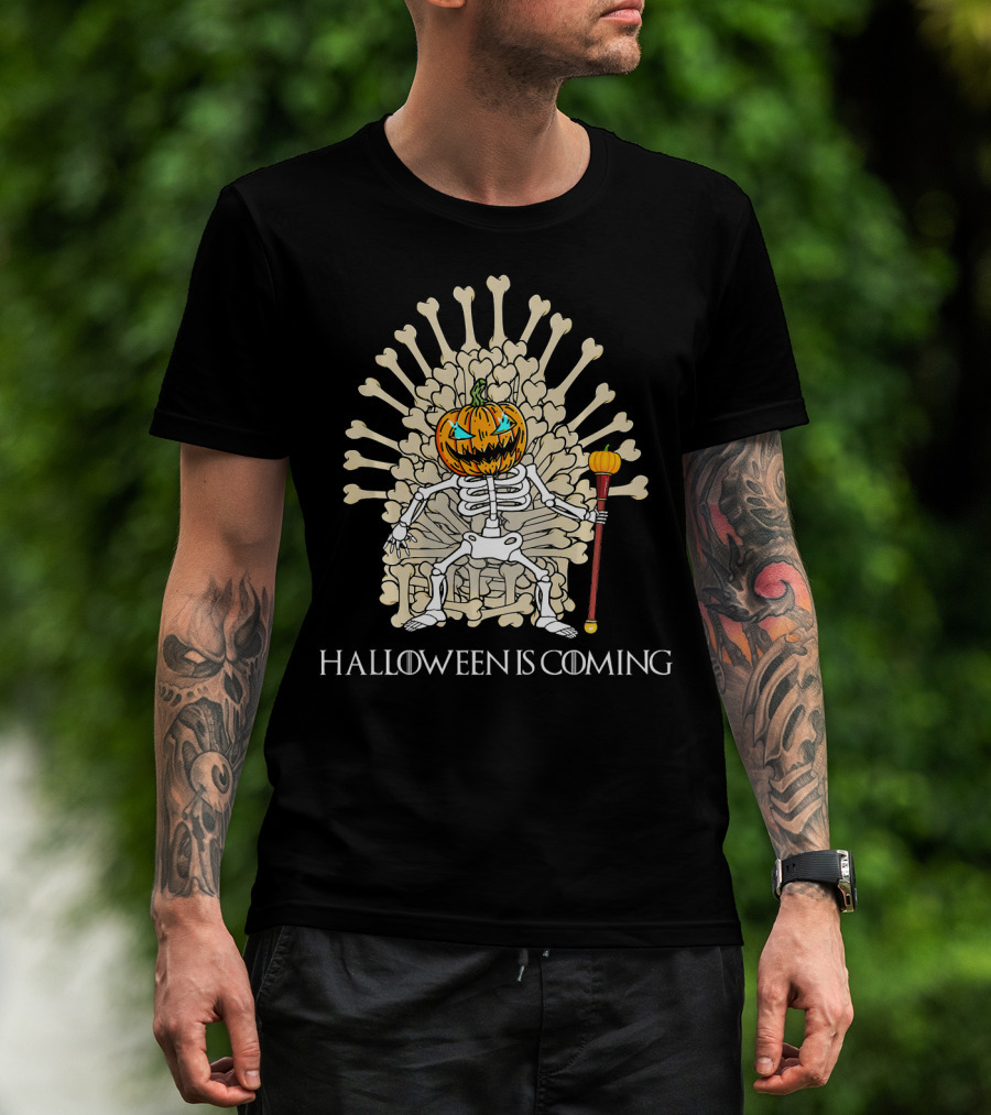 Halloween Is Coming Skeleton Pumpkin Throne T-Shirt