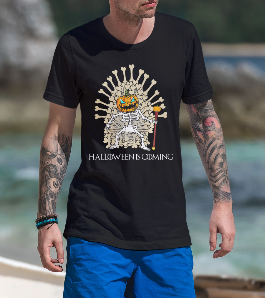Halloween Is Coming Skeleton Pumpkin Throne T-Shirt