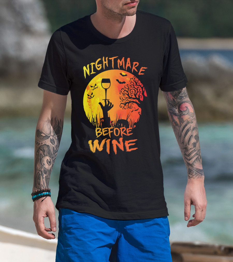 Nightmare Before Wine Halloween Scary Moon Scene T-Shirt