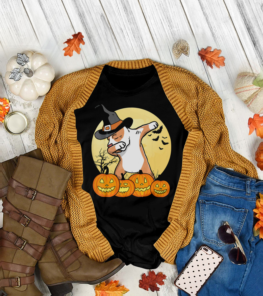 Dabbing Pit Bull Halloween Witch Hat Pumpkins Bats Dance Funny Dog T-Shirt
