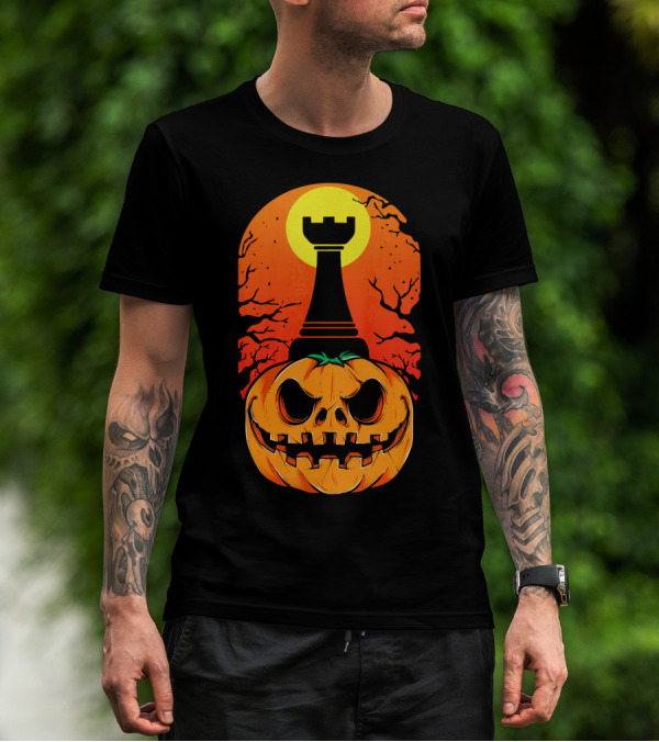 Spooky Rook Pumpkin Halloween Chess Tower Moon T-Shirt