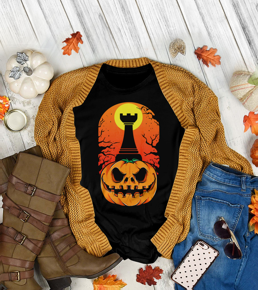 Spooky Rook Pumpkin Halloween Chess Tower Moon T-Shirt