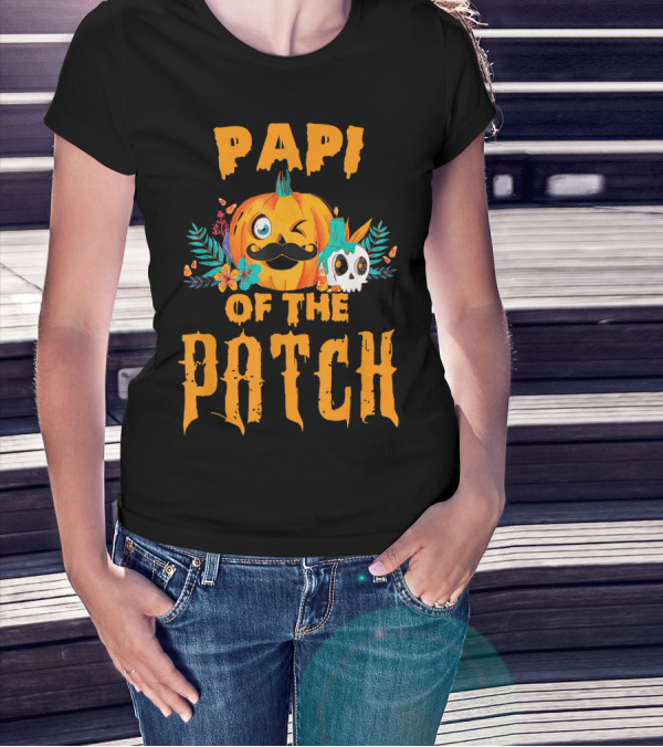 Papi Of The Patch Pumpkin Winking Mustache Skull Flowers T-Shirt