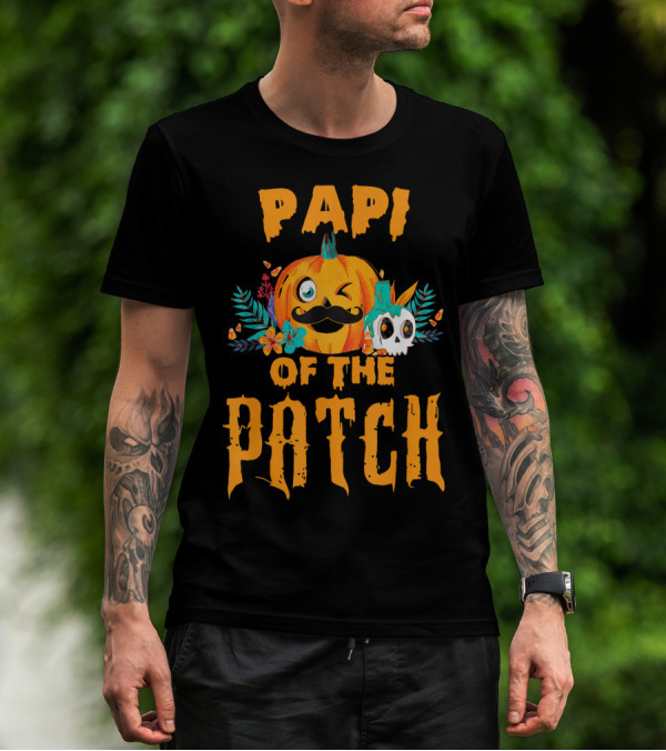 Papi Of The Patch Pumpkin Winking Mustache Skull Flowers T-Shirt
