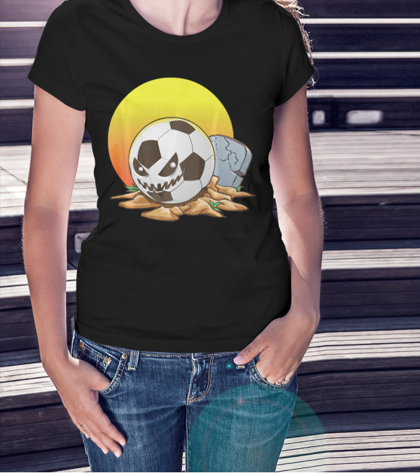 Soccer Halloween Goal With Spooky Jack-O'-Lantern Face And Graveyard Scene T-Shirt