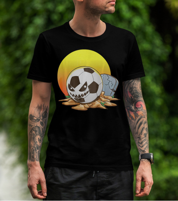 Soccer Halloween Goal With Spooky Jack-O'-Lantern Face And Graveyard Scene T-Shirt