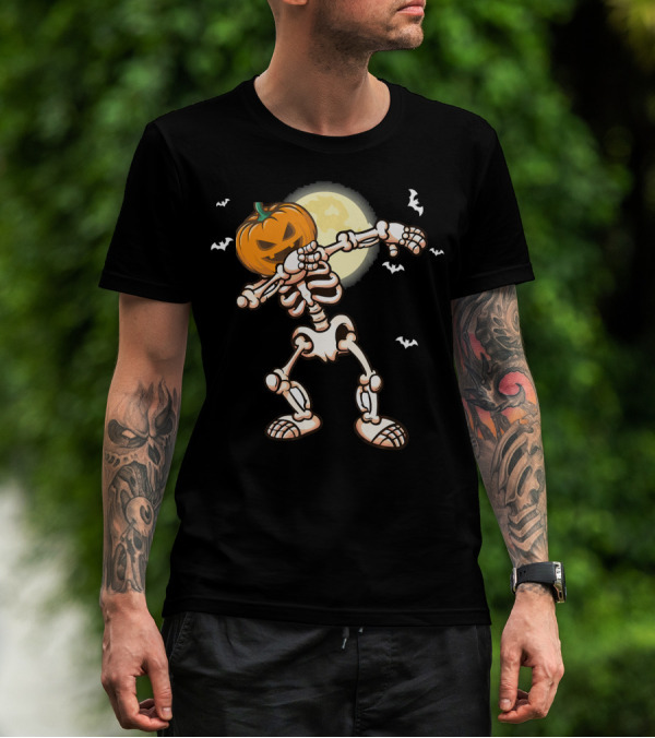 Skeleton Dabbing With Pumpkin Head And Bats T-Shirt