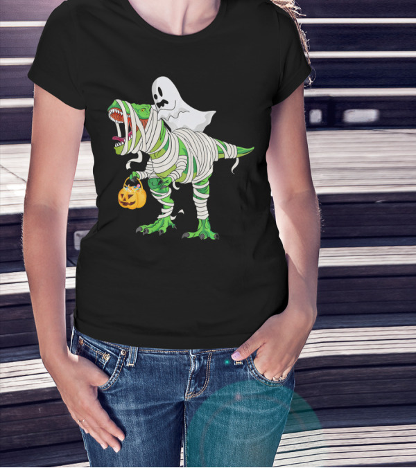 Ghost Mummy Riding T-Rex Trick Or Treat T-Shirt