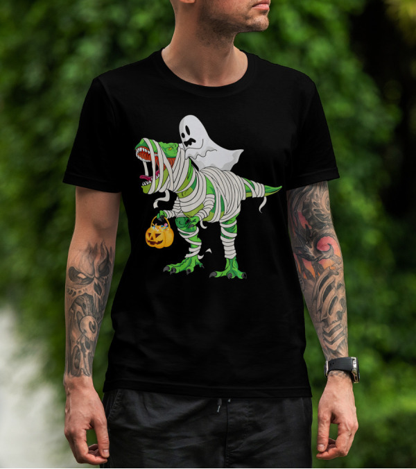 Ghost Mummy Riding T-Rex Trick Or Treat T-Shirt