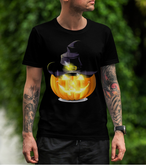 Halloween Horror Pumpkin Witch Hat Glowing Face T-Shirt